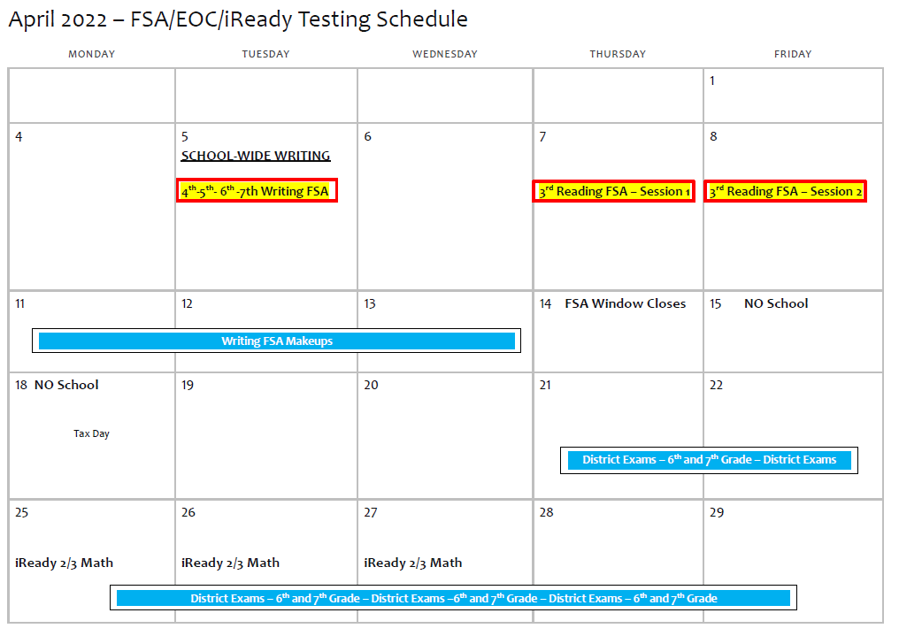 Fsa Testing Schedule 2022 Testing Information – Pine Island Academy